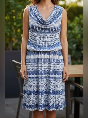 Cynthia Rowley Blue White Ikat Cowl Neck Jersey Dress L